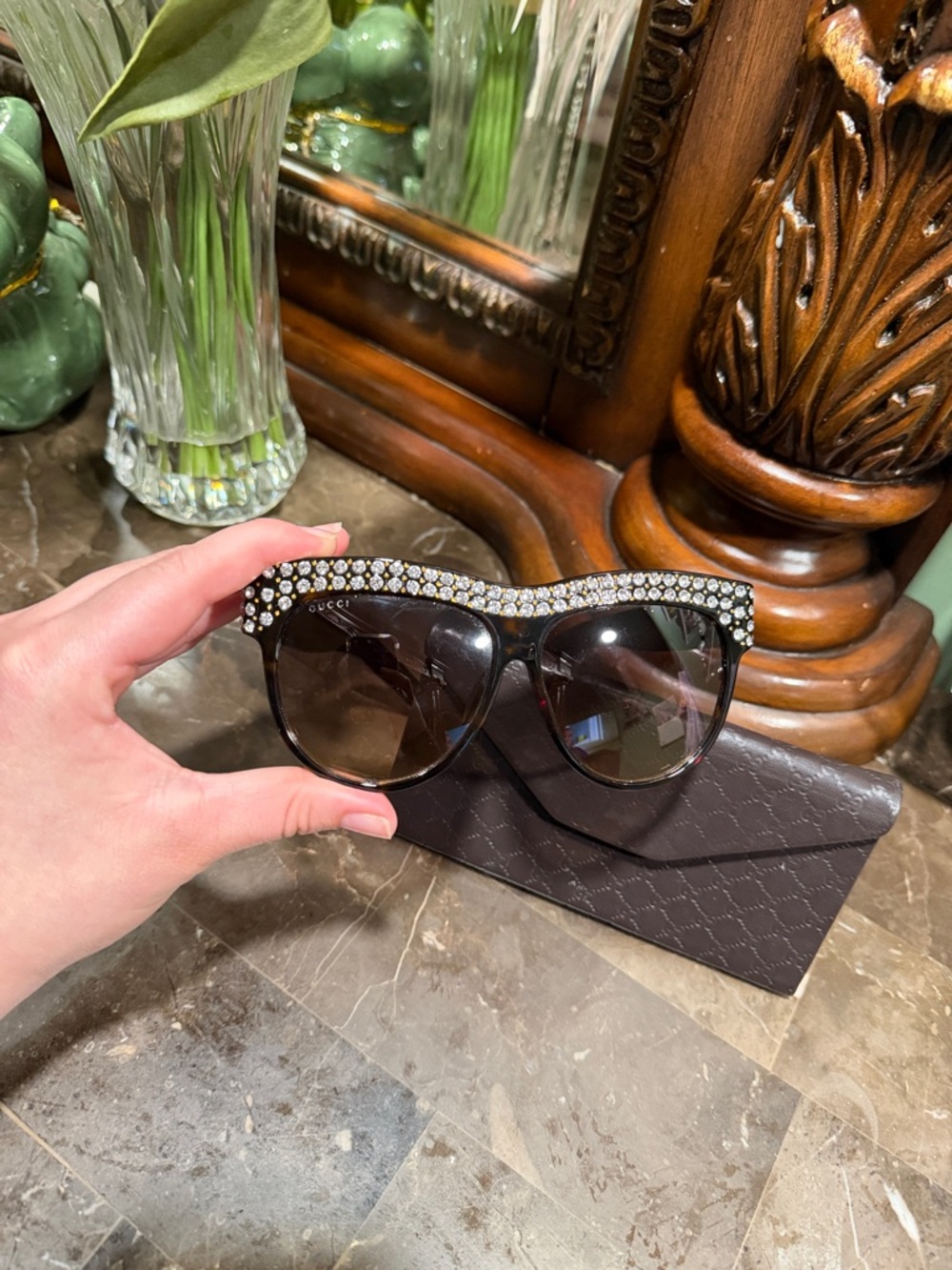 Gucci Black Sunglasses with Crystal Brow Accent